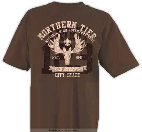 EST.       1941 NATIONAL HIGN ADVENTURE BASE CITY, STATE NORTHERN TIER TROOP 123 T-shirt Design 