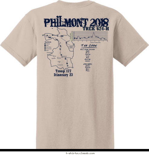 TREK 624-H Troop 177
Itinerary 23 The Crew Eli- Crew Leader
Kobe
Evan
Josiah
Cam
Max
Hunter
Logan

ADVISORS:
Greg
Donnie
Eric
Phil
 Philmont 2018 T-shirt Design 