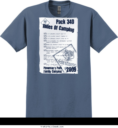 Plowman's Park
Family Campout 2009 Rules Of Camping Pack 340 T-shirt Design 