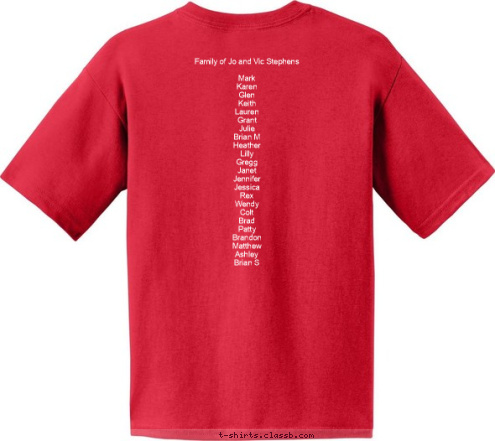 Stephens Family Family of Jo and Vic Stephens

Mark
Karen
Glen
Keith
Lauren
Grant
Julie
Brian M
Heather
Lilly
Gregg
Janet
Jennifer
Jessica
Rex
Wendy
Colt
Brad
Patty
Brandon
Matthew
Ashley
Brian S Christmas Cruise
2009 Stephens Family T-shirt Design 