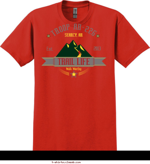 T-shirt Design Mountain Trail, Red, Forest, Lemon, Dark Grey