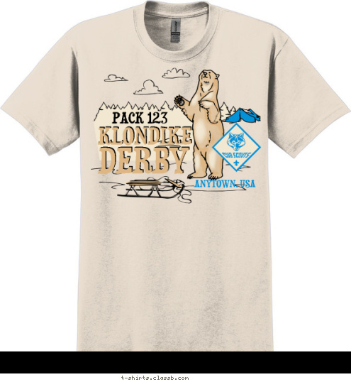 Your text here ANYTOWN, USA DERBY KLONDIKE PACK 123 T-shirt Design 