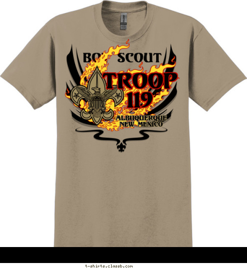 Albuquerque
New Mexico TROOP
119 Boy Scout T-shirt Design Flaming Troop