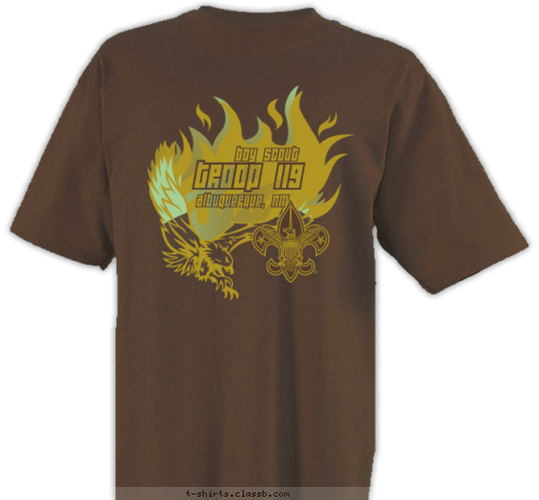 Albuquerque, NM Troop 119 boy scout T-shirt Design Chestnut Glow in the Dark Eagle on Fire