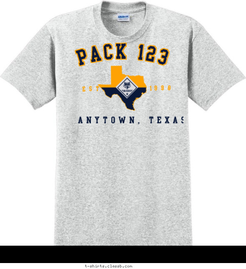 Your text here PACK 123 ANYTOWN, TEXAS 1998 EST. T-shirt Design SP841