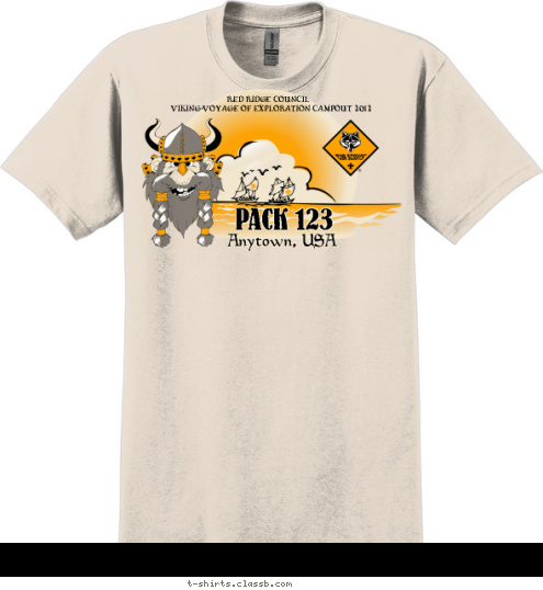 Your text here RED RIDGE COUNCIL Anytown, USA PACK 123 VIKING VOYAGE OF EXPLORATION CAMPOUT 2012 T-shirt Design SP1684