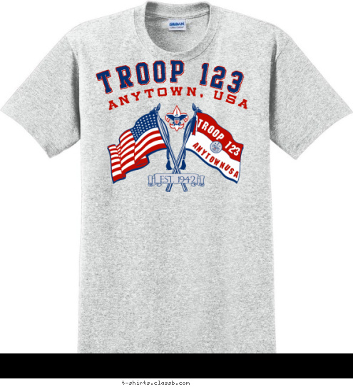 Your text here TROOP 123 ANYTOWN, USA EST. 1942 USA ANYTOWN, TROOP 123 T-shirt Design SP1426