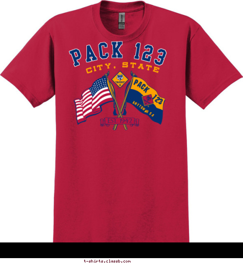 ANYTOWN, PACK 123 CITY, STATE EST. 1942 PACK 123 USA ANYTOWN T-shirt Design SP1427
