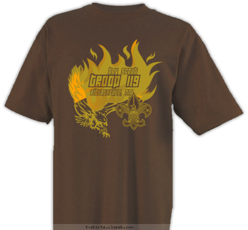 Albuquerque, NM Troop 119 boy scout T-shirt Design Chestnut, gold & old gold flaming eagle