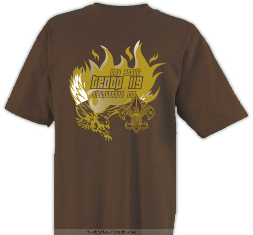 Albuquerque, NM Troop 119 boy scout T-shirt Design Chestnut old gold & white flaming eagle