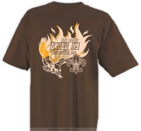 Albuquerque, NM Troop 119 boy scout T-shirt Design Chestnut cream & gold flaming eagle