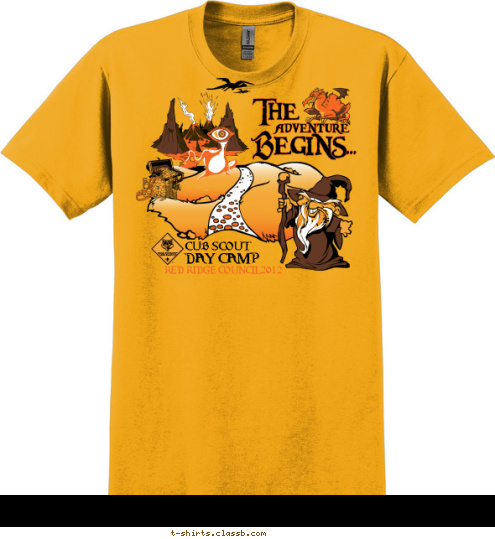 Your text here ADVENTURE THE

BEGINS 2012 RED RIDGE COUNCIL DAY CAMP CUB SCOUT T-shirt Design SP1445
