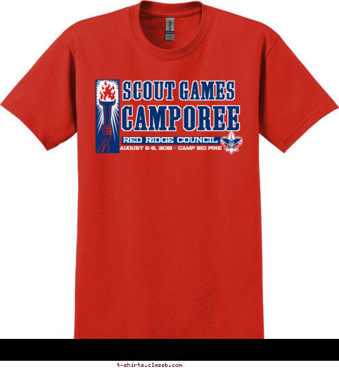 Your text here AUGUST 6-9, 2012 - CAMP BIG PINE RED RIDGE COUNCIL CAMPOREE SCOUT GAMES T-shirt Design SP1728