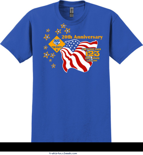 Your text here 20th Anniversary since 1990 CITY, STATE 123 CUB SCOUT PACK T-shirt Design SP1675