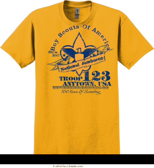 TROOP 123 ANYTOWN, USA Boy Scouts Of America 1910 to
            2010 National Jamboree 100 Years Of Scouting T-shirt Design 