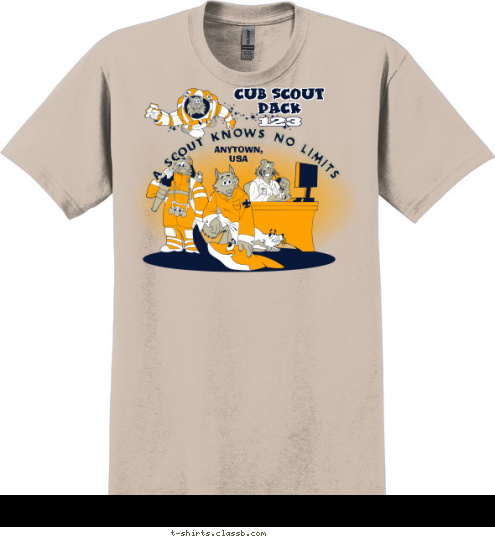 Your text here PACK 123 ANYTOWN,
USA CUB SCOUT A SCOUT KNOWS NO LIMITS T-shirt Design SP1665