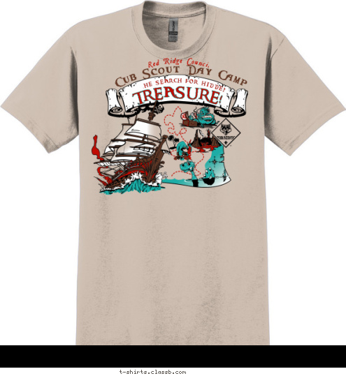 THE SEARCH FOR HIDDEN  TREASURE! TREASURE! THE SEARCH FOR HIDDEN  Cub Scout Day Camp Red Ridge Council T-shirt Design SP1450