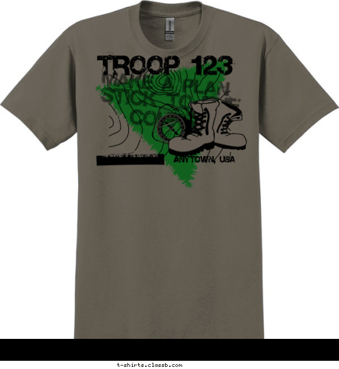 New Text New Text THE JOURNEY IS THE DESTINATION TROOP 123 ANYTOWN, USA MAKE A PLAN STICK TO THE COURSE T-shirt Design 