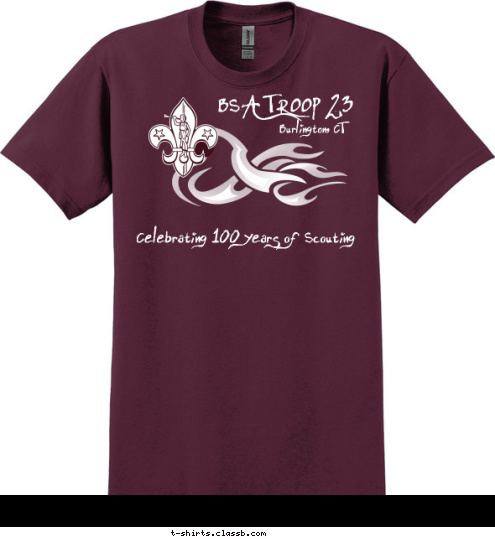 New Text Celebrating 100 years of Scouting BSA TROOP 23 Burlington, CT T-shirt Design maroon 100th