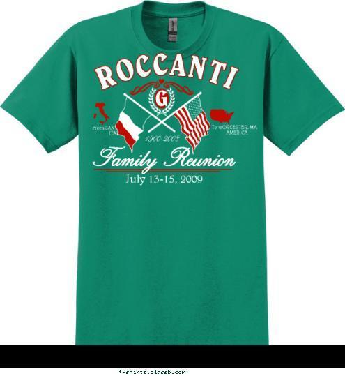 G To wORCESTER, MASS
AMERICA From SANTO PADRE
ITALY Family Reunion July 13-15, 2009 1900-2008 ROCCANTI T-shirt Design 