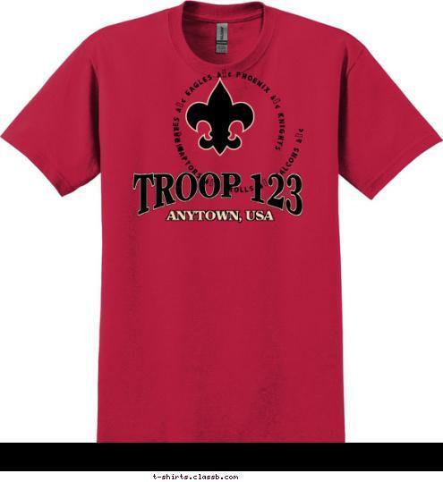 • RAPTORS • TROLLS • FALCONS • PIRATES • EAGLES • PHOENIX • KNIGHTS  TROOP 123 ANYTOWN, USA T-shirt Design 