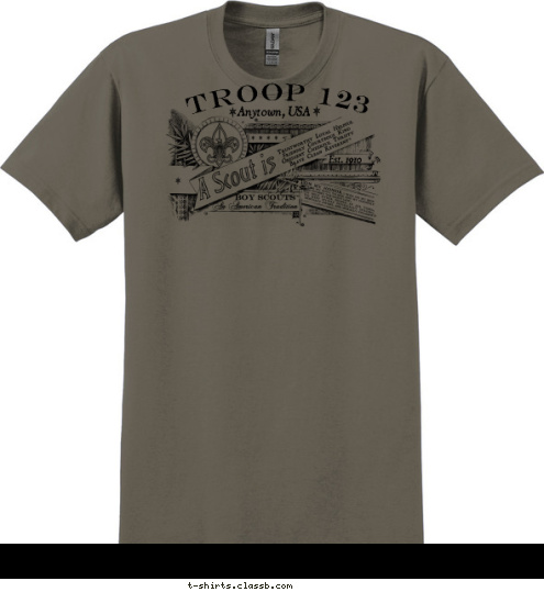 Est. 1910 Anytown, USA TROOP 123 T-shirt Design 