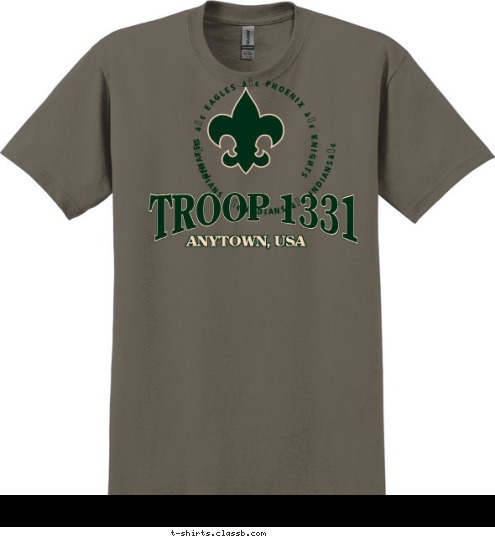 • INDIANS • INDIANS • INDIANS• PIRATES • EAGLES • PHOENIX • KNIGHTS  TROOP 1331 ANYTOWN, USA T-shirt Design 