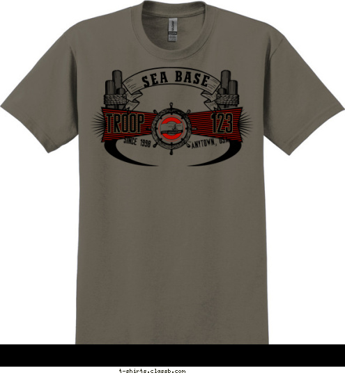 2009 SINCE 1998 SEA BASE TROOP 123 ANYTOWN, USA T-shirt Design 