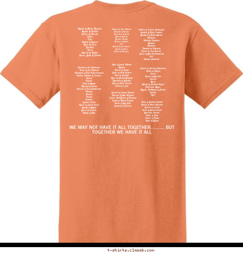 WE MAY NOT HAVE IT ALL TOGETHER......... BUT TOGETHER WE HAVE IT ALL Alex & Shirley Jahner
Shelly & Matt Courser
Dalton & Lucas
Patti & Brian Jacob
Brittney, Derek,
Tyler & Jade
Justin & Kelly 
Cole & Bryar Harold & Janice Umber
Melissa & Bob Kramer
Lakin, McKenzie & Michael
Cindi & Gene Hughes
Nicki & Ray Serr
Zachary & Jessica Neil & Susie Weber
Ronnie
Alicia & Apryl
Shari & Troy Scherr
Tate & Teagan
Kelli & Shawn Burgad
Breanna & Bradyn
Amy & Mike Eberle
Faith & Luke Harlin & Velma Ohlhauser
Arlyn & Karen
Jesse
Carla & Ron Job
Cassie
Billy
Becky & Michael Kraft
Matthew, Ryan, 
Regan, McKenna & Halee
Stacey
Will Edwin & Luella Ohlhauser
Sandra & Nick Lawler
Bridget & Mark Belter
Nicholas
Melanie Jangula
Brooke
Michelle
Thomas & Chelsea
Paula & Les Balliet
Sonia & Ben Heidenreich
Jeff
Tammy Schuette Wilbur & Ann Weber
Michael & Diana
Christian & Luke
Bob & Marlys
Steven, Craig, 
Allison & Robin
Tim
Jeff & Laurie Doerr
Bryan & Sean
Mark & Carolyn Luella Ralph & Alma Kremer
Roger & Cathy
Jason & Corrin
Julia
Tim
Ralph & Renee
Rick & Lisa
Jocelyn
Fred
Randy & Kathy
Anne, Beth & David Shirley Arnold & Vi Ohlhauser
Vicki & Jim Malard
Monique & Curt Christiansen
Tucker, Sawyer & Larkin, 
Alicia
Trevor
Josh & Renae 
Kaitlyn & Jenna
Jessica & Eric Schmitcke
Nickoli
Steven
David
Timmie
Sunnie Lewis
Kristi & Jamie Feist
Brady & Ryder
Billie Jo Jacobs
Adym & Mya Janice Married 
Nov. 26, 1926 Velma Neil Viola Vivian  Freddie Wilbur Alma Bill & Martha June 18-20, 2010 - Linton, North Dakota Family Reunion Weber T-shirt Design 