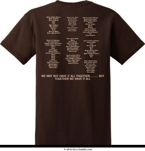 WE MAY NOT HAVE IT ALL TOGETHER......... BUT TOGETHER WE HAVE IT ALL Alex & Shirley Jahner
Shelly & Matt Courser
Dalton & Lucas
Patti & Brian Jacob
Brittney, Derek,
Tyler & Jade
Justin & Kelly 
Cole & Bryar Harold & Janice Umber
Melissa & Bob Kramer
Lakin, McKenzie & Michael
Cindi & Gene Hughes
Nicki & Ray Serr
Zachary & Jessica Neil & Susie Weber
Ronnie
Alicia & Apryl
Shari & Troy Scherr
Tate & Teagan
Kelli & Shawn Burgad
Breanna & Bradyn
Amy & Mike Eberle
Faith & Luke Harlin & Velma Ohlhauser
Arlyn & Karen
Jesse
Carla & Ron Job
Cassie
Billy
Becky & Michael Kraft
Matthew, Ryan, 
Regan, McKenna & Halee
Stacey
Will Edwin & Luella Ohlhauser
Sandra & Nick Lawler
Bridget & Mark Belter
Nicholas
Melanie Jangula
Brooke
Michelle
Thomas & Chelsea
Paula & Les Balliet
Sonia & Ben Heidenreich
Jeff
Tammy Schuette Wilbur & Ann Weber
Michael & Diana
Christian & Luke
Bob & Marlys
Steven, Craig, 
Allison & Robin
Tim
Jeff & Laurie Doerr
Bryan & Sean
Mark & Carolyn Luella Ralph & Alma Kremer
Roger & Cathy
Jason & Corrin
Julia
Tim
Ralph & Renee
Rick & Lisa
Jocelyn
Fred
Randy & Kathy
Anne, Beth & David Shirley Arnold & Vi Ohlhauser
Vicki & Jim Malard
Monique & Curt Christiansen
Tucker, Sawyer & Larkin, 
Alicia
Trevor
Josh & Renae 
Kaitlyn & Jenna
Jessica & Eric Schmitcke
Nickoli
Steven
David
Timmie
Sunnie Lewis
Kristi & Jamie Feist
Brady & Ryder
Billie Jo Jacobs
Adym & Mya Janice Married 
Nov. 26, 1926 Velma Neil Viola Vivian  Freddie Wilbur Alma Bill & Martha June 18-20, 2010 - Linton, North Dakota Family Reunion Weber T-shirt Design 