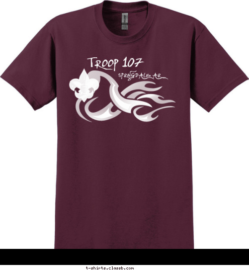 SPRINGDALE, AR TROOP 107 T-shirt Design wHITE FLAMES ON MAROON