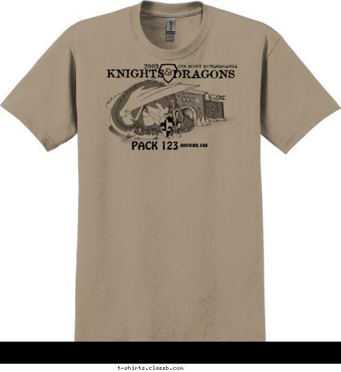 ANYTOWN, USA PACK 123 DRAGONS KNIGHTS CUB SCOUT EXTRAVAGANZA 2009 T-shirt Design 