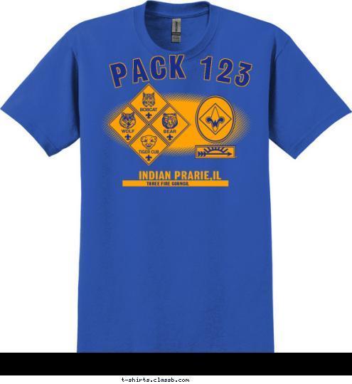 THREE FIRE COUNCIL INDIAN PRARIE,IL PACK 123 T-shirt Design 