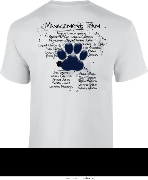 New Text Emma Moody
Ryan Rhodes
Tiffany Shields
Jenalee Stine
Sydney Wasson
 Jasa Bulliner
Ashley Griffiths
Amber Joiner
Shelby Jones
Jennifer Markotay Staff Photographer-In-Chief
Jennifer Markotay
Copy Editor
Tiffany Shields Layout Editor-In-Chief
Ryan Rhodes
Layout Editor
Emma Moody Advisor: Claudia Kerens
Editor-In-Chief: Ashley Griffiths
Management Editor: Amber Joiner

 Management Team Never Again Never Before Class of
2010-2011 