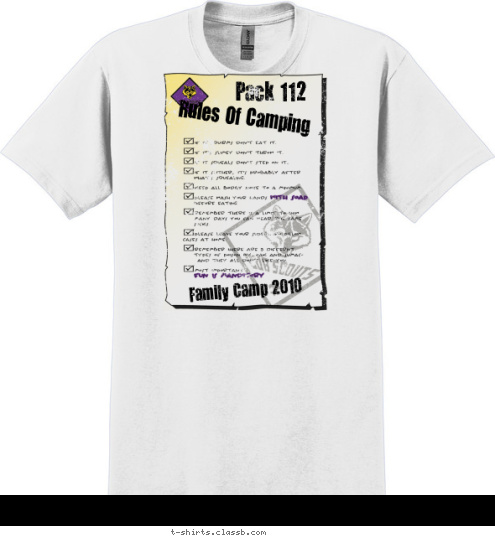 New Text Venturing Crew 318 Rules Of Camping Family Camp 2010 Pack 112 T-shirt Design 