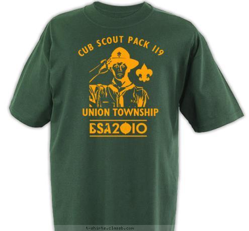 New Text 100 YEARS OF SCOUTING 2010 1910 Leave No Trace

  UNION TOWNSHIP Take only Memories
Leave only Footprints    CUB SCOUT PACK 119  T-shirt Design 