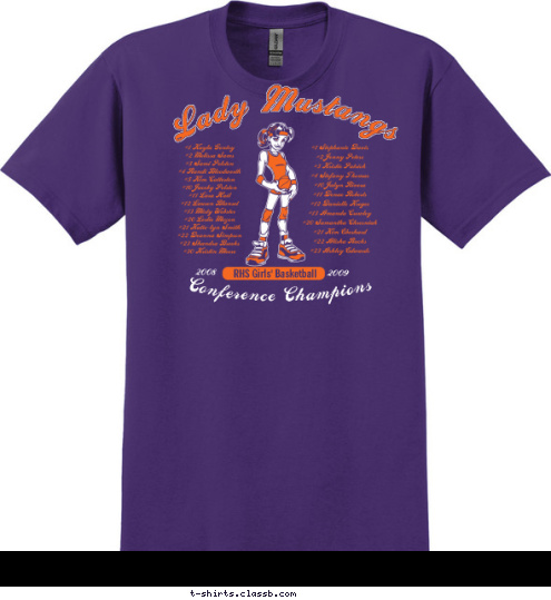 2009 2008 Conference Champions RHS Girls' Basketball Lady Mustangs T-shirt Design 