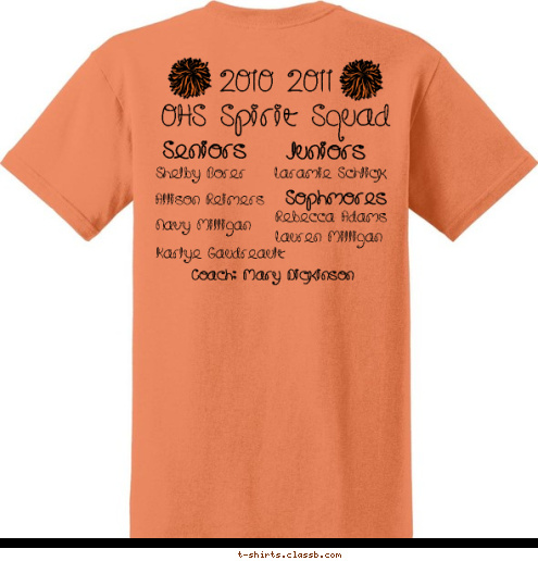 2011 2011
 Coach: Mary Dickinson Karlye Gaudreault Navy Milligan Allison Reimers Rebecca Adams
Lauren Milligan Sophmores Laramie Schlick Juniors Shelby Borer

 
 Seniors OHS Spirit Squad 2010 2011 Cheer Camp 2011 Ogallala Indians T-shirt Design 