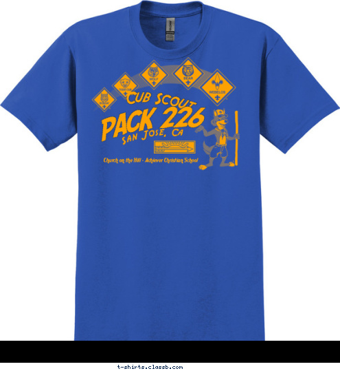 PACK 226 San Jose, Ca Church on the Hill - Achiever Christian School Cub Scout T-shirt Design Stock Design - Blue Akela