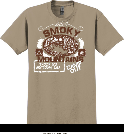 OUT CAMP TROOP 123
Anytown, USA MOUNTAINS SMOKY BSA T-shirt Design SP2190