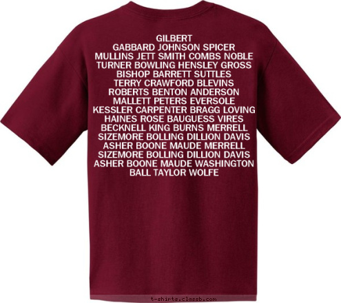         GILBERT
GABBARD JOHNSON SPICER
MULLINS JETT SMITH COMBS NOBLE TURNER BOWLING HENSLEY GROSS BISHOP BARRETT SUTTLES
TERRY CRAWFORD BLEVINS ROBERTS BENTON ANDERSON MALLETT PETERS EVERSOLE KESSLER CARPENTER BRAGG LOVING HAINES ROSE BAUGUESS VIRES BECKNELL KING BURNS MERRELL SIZEMORE BOLLING DILLION DAVIS ASHER BOONE MAUDE MERRELL SIZEMORE BOLLING DILLION DAVIS ASHER BOONE MAUDE WASHINGTON BALL TAYLOR WOLFE
         2011 1985 26th  ANNUAL Jackson, Kentucky United in Love Gilbert Family Reunion One God, One Word T-shirt Design 