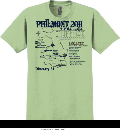 PHILMONT 2011 TREK 710-K THE CREW William Auman
Nicholas Chamberlin
Brandon Greco
MacKenzie Greco
Anthony Lorraine
Spencer Raup
Cyrus Robinson
Brian Stefanowicz
Andrew Wheeler
 CREW LEADER ADVISORS:
 Andrew Stefanowicz
James Lorraine
James Wheeler Itinerary 24 T-shirt Design 