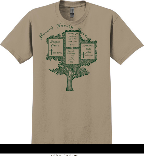 1911-2000

 1915-1998 Lucedale, 
Mississippi


June 11,
2011 Grandmaw
Eula
Mae Papaw
Gavin Keeping the
tradition
alive for 
over 100
years. Havard Family Reunion T-shirt Design 