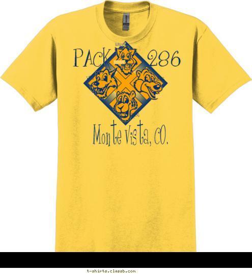 KY Monte Vista, CO. 286 PACK TIGER WOLF BEAR BOBCAT T-shirt Design yellow with blue