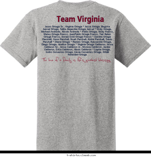 The love of a family is life's greatest blessing. Jesus Ortega Sr., Virginia Ortega * Jesse Ortega, Begona Juncal Ortega, Talita Alejandra Ortega Juncal * Vicky Ortega, Michael Andrade, Nicole Andrade * Pablo Ortega, Vicky Franco, Mateo Ortega Franco, JuanPablo Ortega Franco, Taiz Belen Ortega Franco, Annaiz Enid Ortega Franco * Sandra Ortega Parshall, Gene Parshall, Noah Parshall, Kobie Parshall, Travis Parshall * Diana Ortega * Ramiro Ortega, Kassandra Ortega, Diego Ortega, Analise Ortega * Virginia Ortega Calderon, Jesse Calderon Sr., Jesse Calderon Jr., Monica Calderon, Jackie Calderon, Erica Calderon, Alexis Calderon * Lupita Ortega, Isidro Cervantes Ortega, Lluvia Cervantes Ortega, Xitlali Natividad Ortega  Team Virginia REUNION est.
1
9
3
5 FAMILY JUAREZ July 16, 2011 San Diego, Ca. UNITY CARE Amparo Manuel SHARE FAITH LOVE T-shirt Design 