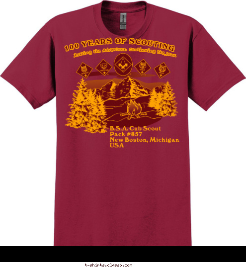 Celebrating the Adventure, Continuing the Journey B.S.A. Cub Scout
Pack #857
New Boston, Michigan
USA 100 YEARS OF SCOUTING T-shirt Design 