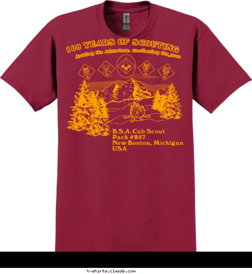 New Text Celebrating the Adventure, Continuing the Journey B.S.A. Cub Scout
Pack #857
New Boston, Michigan
USA 100 YEARS OF SCOUTING T-shirt Design 