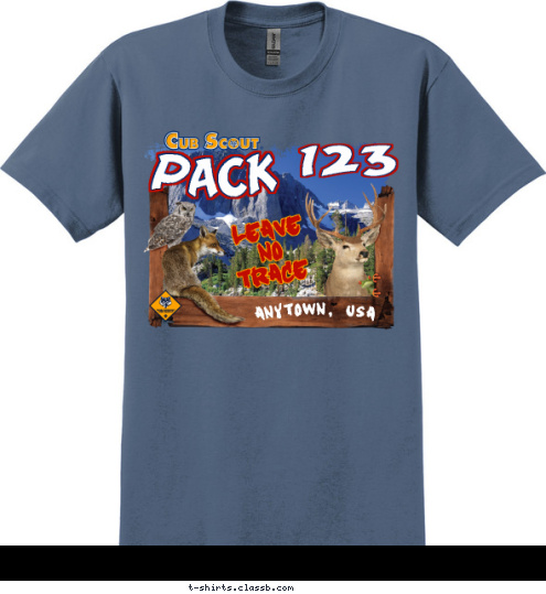 123 123 PACK 123 PACK LEAVE NO TRACE ANYTOWN, USA T-shirt Design SP3418