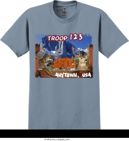 LEAVE NO TRACE AS AN AMERICAN, 
I WILL DO MY BEST TO - 
BE CLEAN IN MY OUTDOOR MANNERS 
BE CARFUL WITH FIRE 
BE CONSIDERATE IN THE OUTDOORS, 
AND BE CONVERSATION MINDED. 123 TROOP ANYTOWN, USA T-shirt Design SP3419