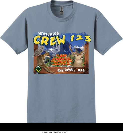 VENTURING AS A VENTURER, 
I PROMISE TO 
DO MY DUTY TO GOD AND 
HELP STRENGTHEN AMERICA, 
TO HELP OTHERS, AND TO SEEK TRUTH, FAIRNESS, AND 
ADVENTURE IN THE WORLD 123 CREW ANYTOWN, USA T-shirt Design SP3420